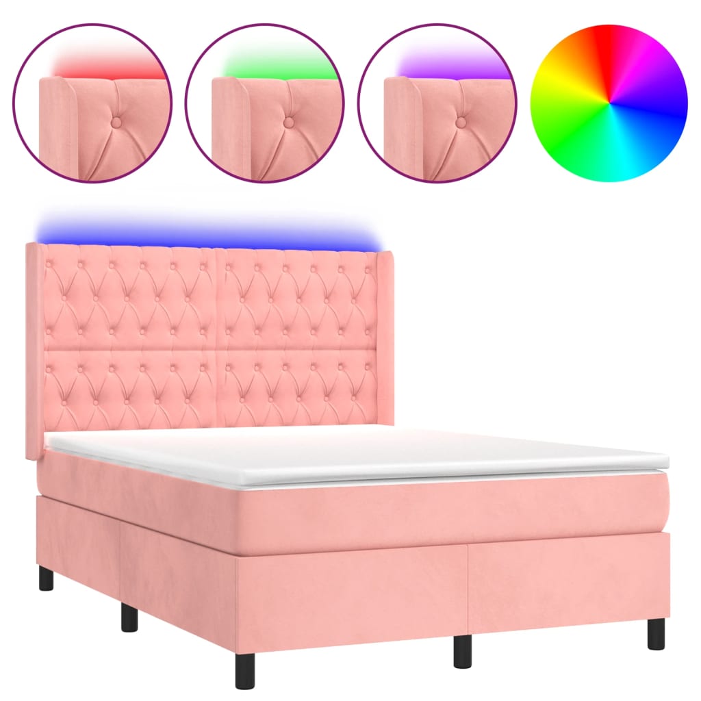 Letto a Molle con Materasso e LED Rosa 140x200 cm in Velluto | homemem39