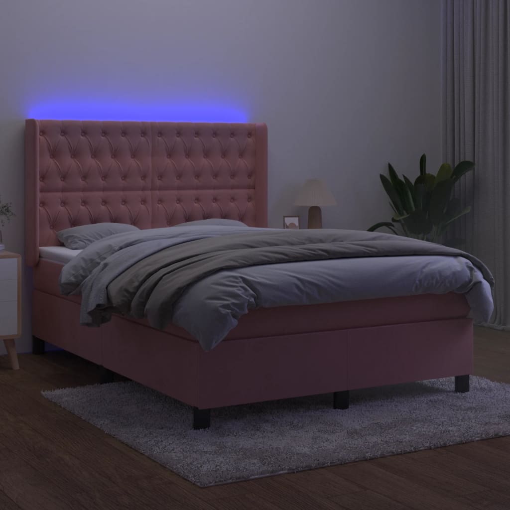 Letto a Molle con Materasso e LED Rosa 140x200 cm in Velluto | homemem39