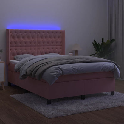 Letto a Molle con Materasso e LED Rosa 140x200 cm in Velluto | homemem39