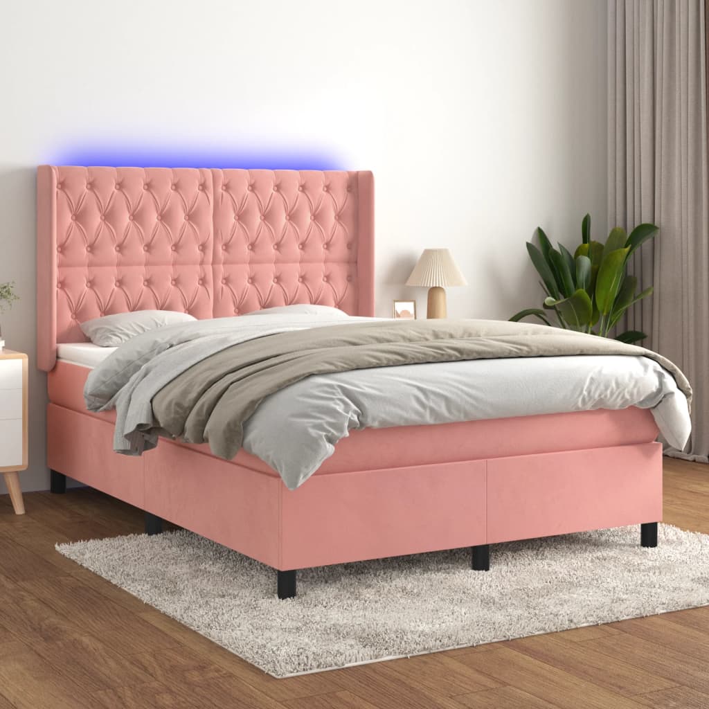 Letto a Molle con Materasso e LED Rosa 140x200 cm in Velluto | homemem39