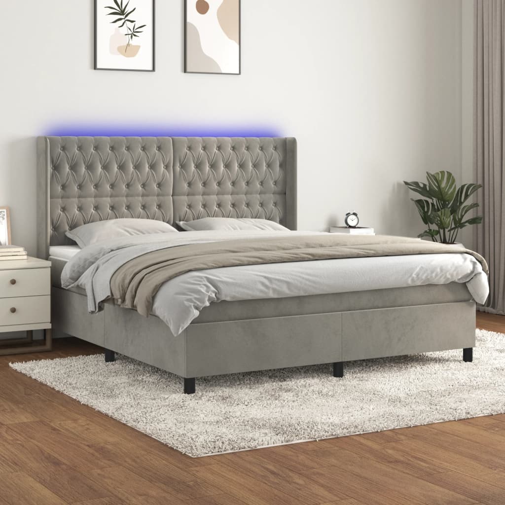 Letto a Molle Materasso e LED Grigio Chiaro 160x200 cm Velluto | homemem39