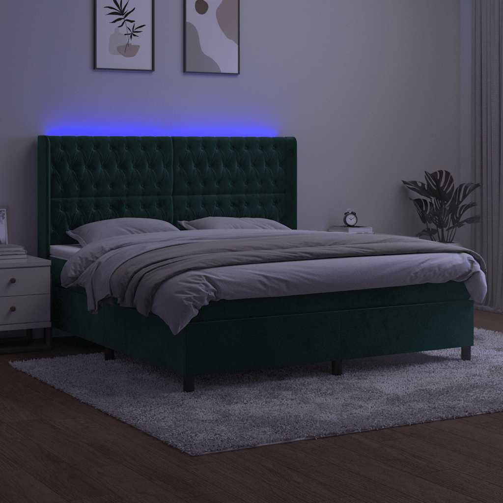 Letto a Molle con Materasso e LED Verde Scuro 160x200cm Velluto | homemem39