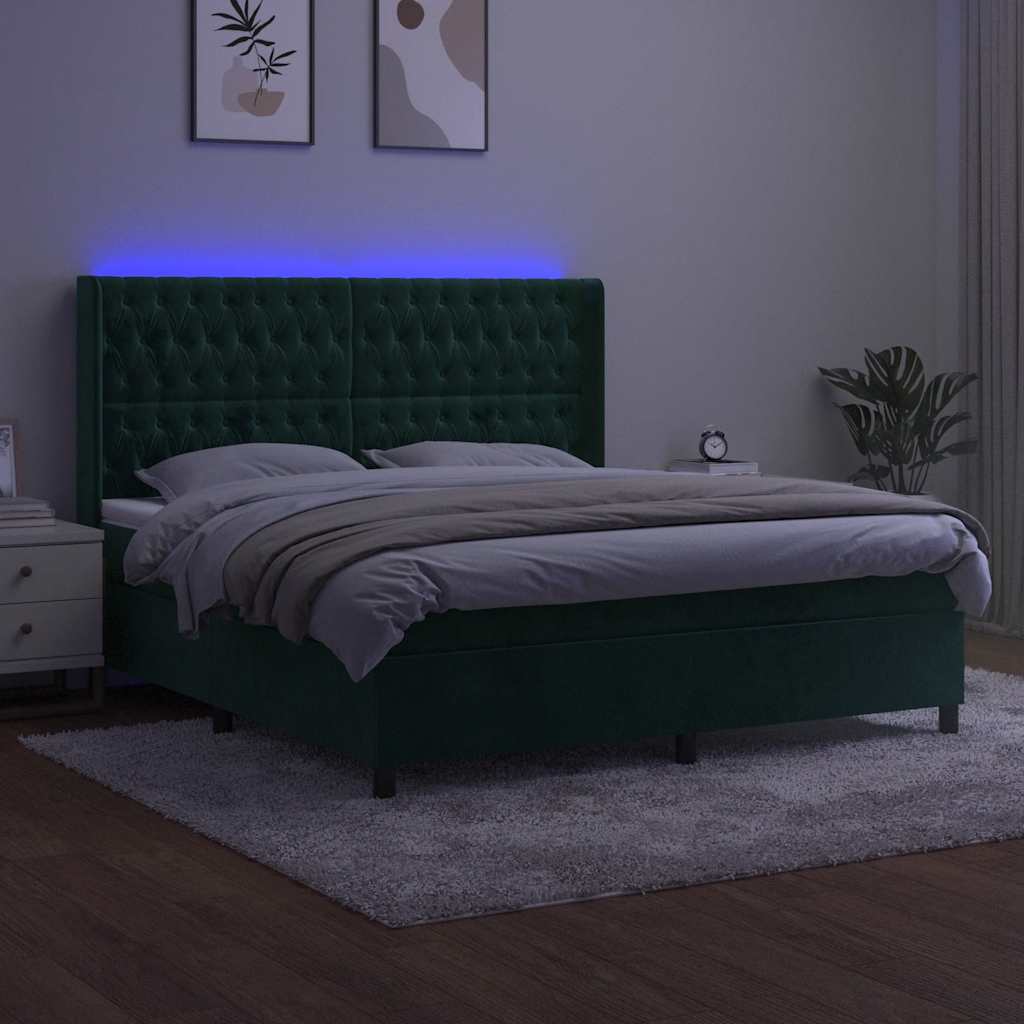 Letto a Molle con Materasso e LED Verde Scuro 180x200cm Velluto | homemem39