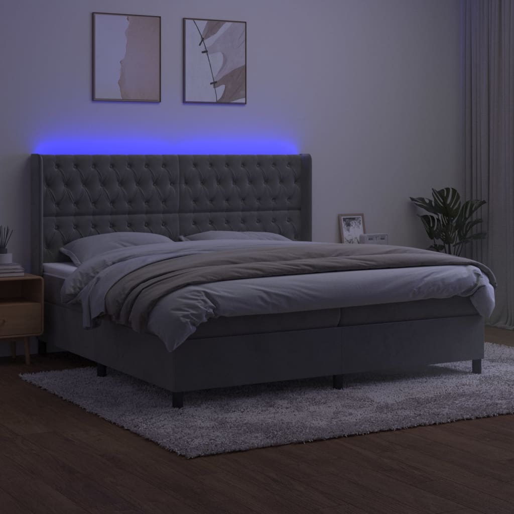 Letto a Molle Materasso e LED Grigio Chiaro 200x200 cm Velluto | homemem39