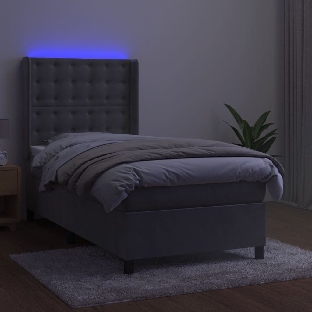 Letto a Molle Materasso e LED Grigio Chiaro 90x190 cm Velluto | homemem39