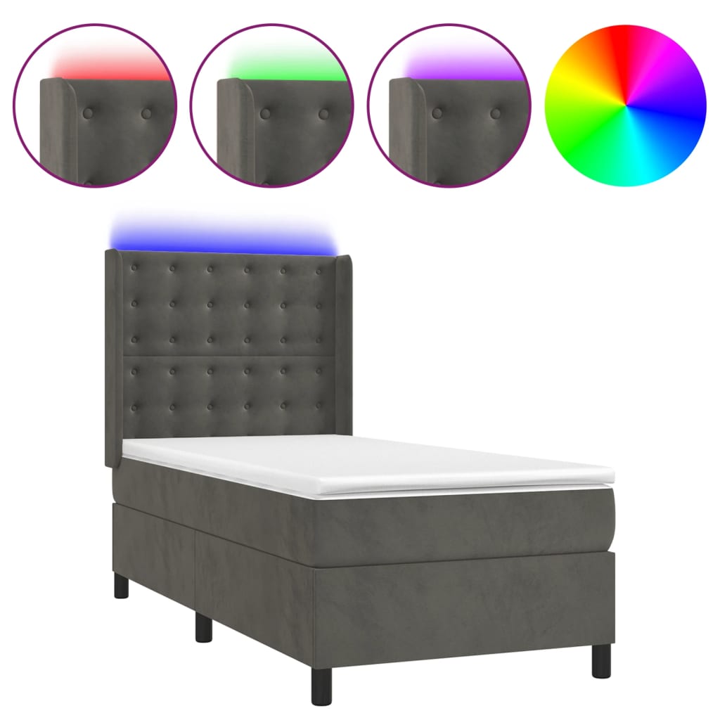 Letto a Molle con Materasso e LED Grigio Scuro 90x190cm Velluto - homemem39