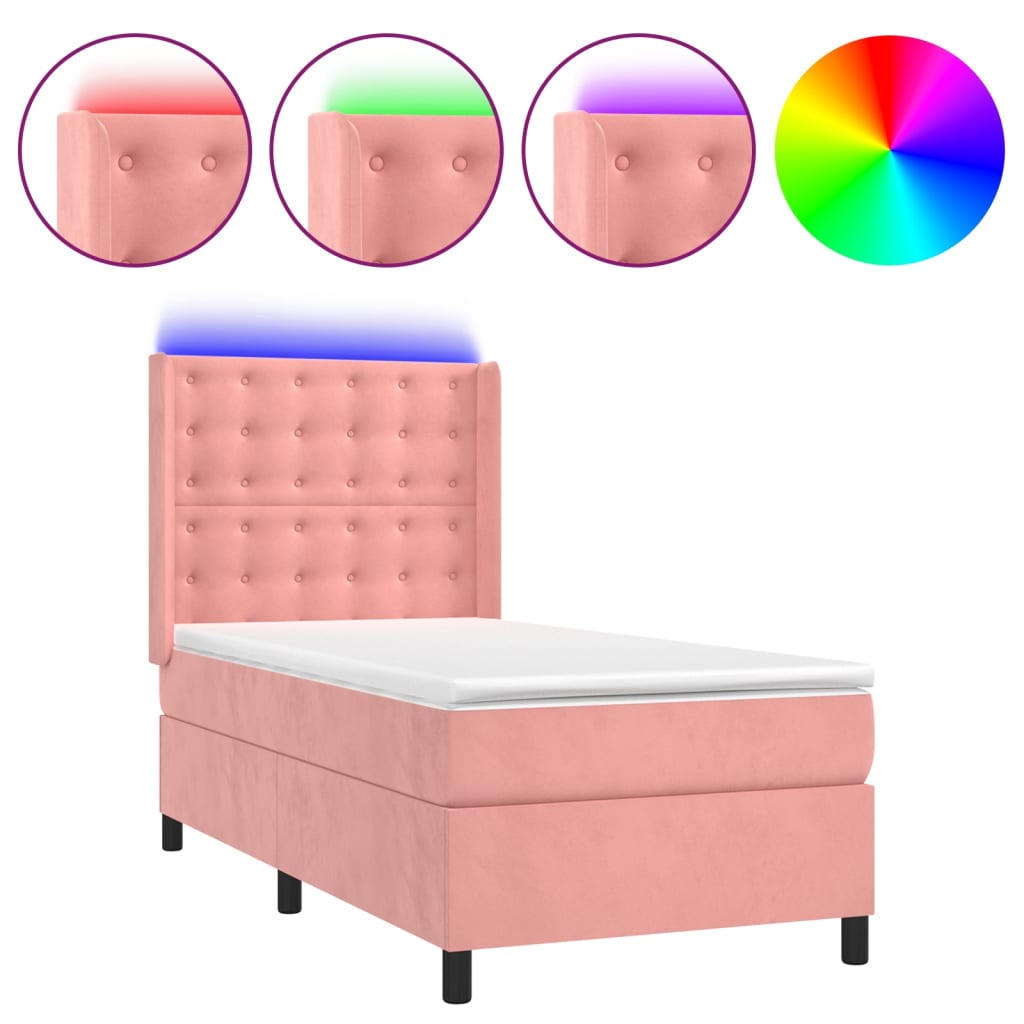 Letto a Molle con Materasso e LED Rosa 90x190 cm in Velluto