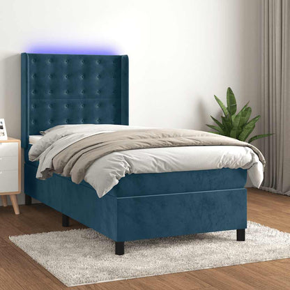 Letto a Molle con Materasso e LED Blu Scuro 100x200 cm