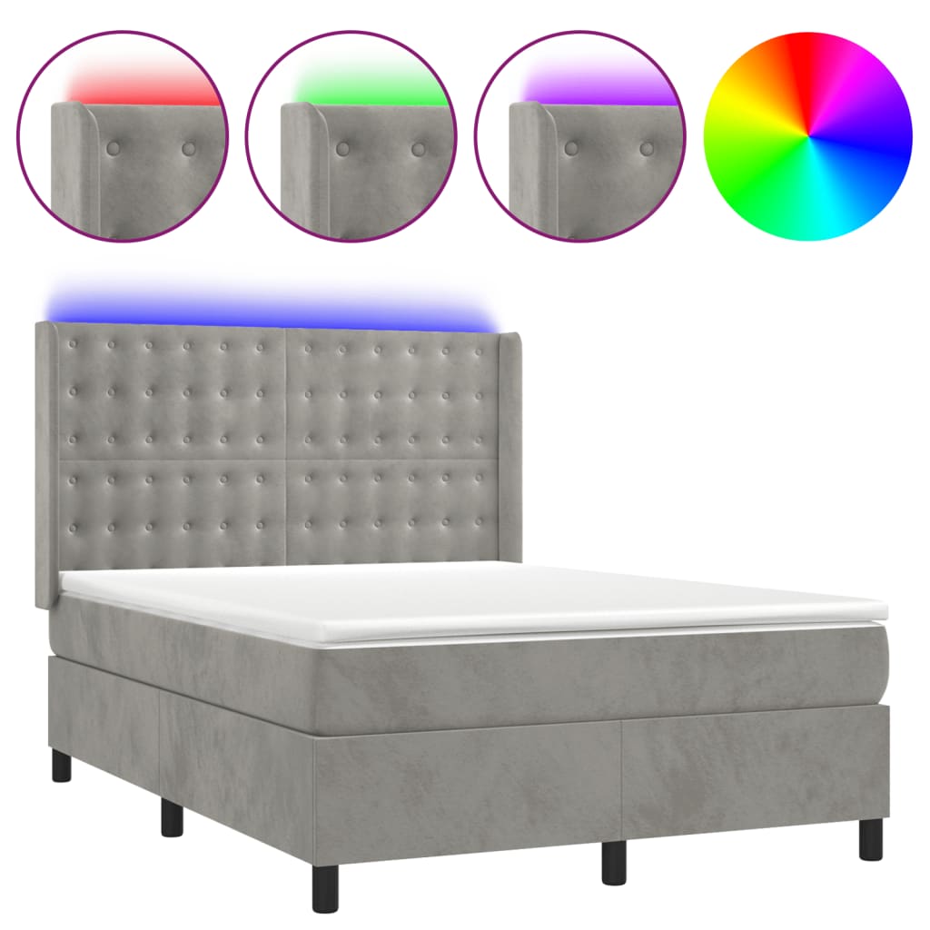 Letto a Molle Materasso e LED Grigio Chiaro 140x190 cm Velluto | homemem39