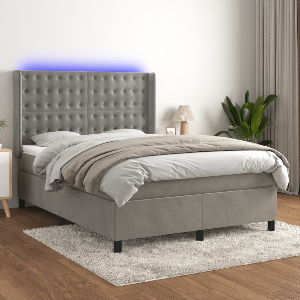 Letto a Molle Materasso e LED Grigio Chiaro 140x190 cm Velluto | homemem39