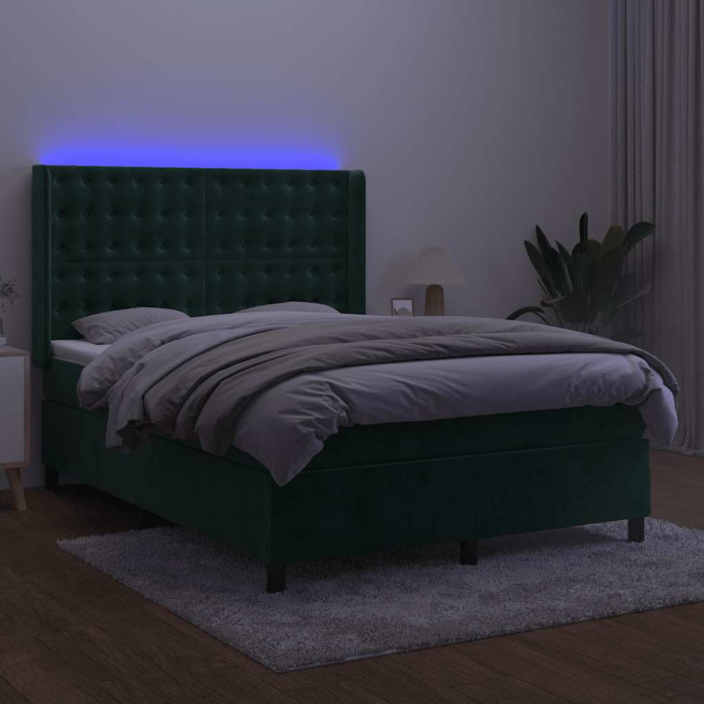 Letto a Molle con Materasso e LED Verde Scuro 140x190cm Velluto | homemem39