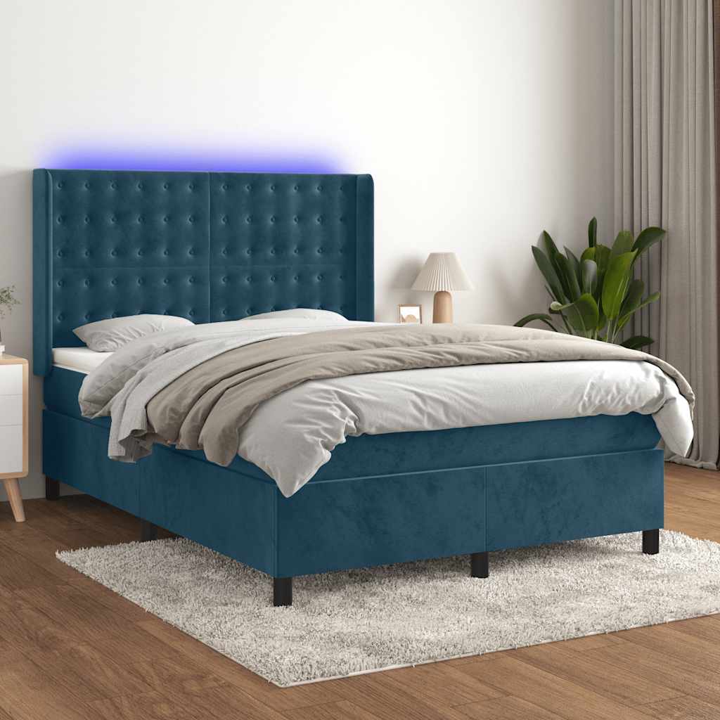 Letto a Molle con Materasso e LED Blu Scuro 140x190 cm | homemem39