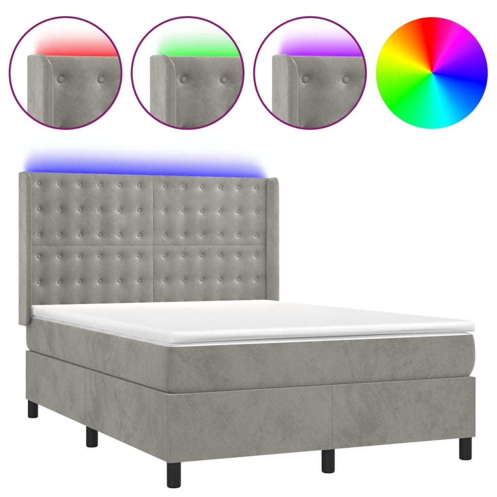 Letto a Molle Materasso e LED Grigio Chiaro 140x200 cm Velluto | homemem39