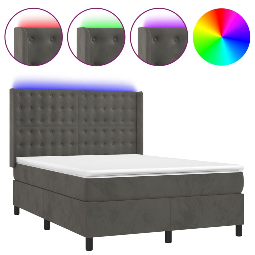 Letto a Molle con Materasso e LED Grigio Scuro 140x200 cm | homemem39