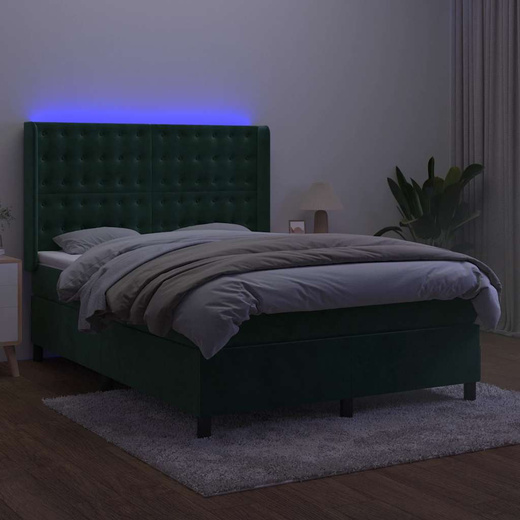 Letto a Molle con Materasso e LED Verde Scuro 140x200cm Velluto | homemem39