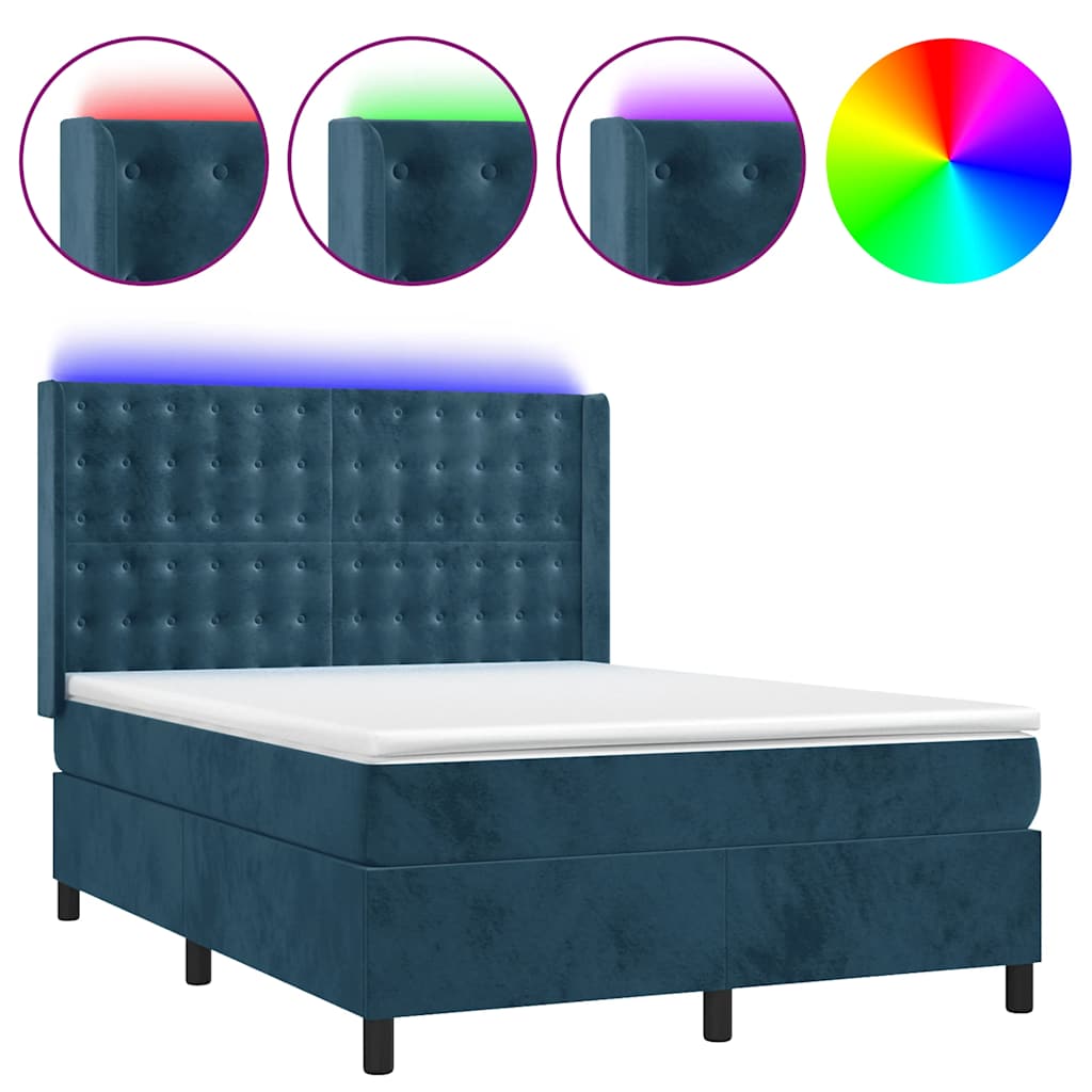 Letto a Molle con Materasso e LED Blu Scuro 140x200 cm | homemem39