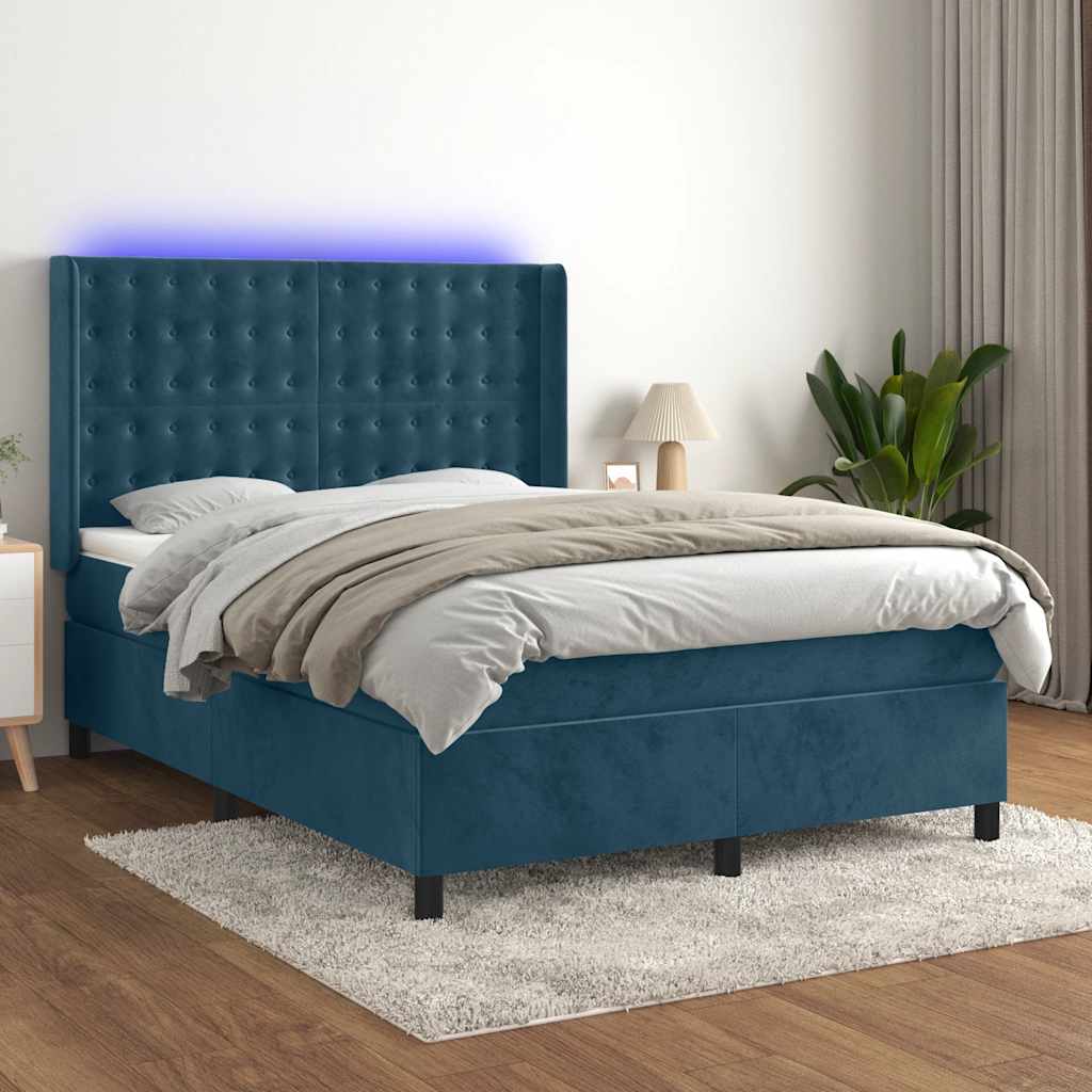Letto a Molle con Materasso e LED Blu Scuro 140x200 cm | homemem39