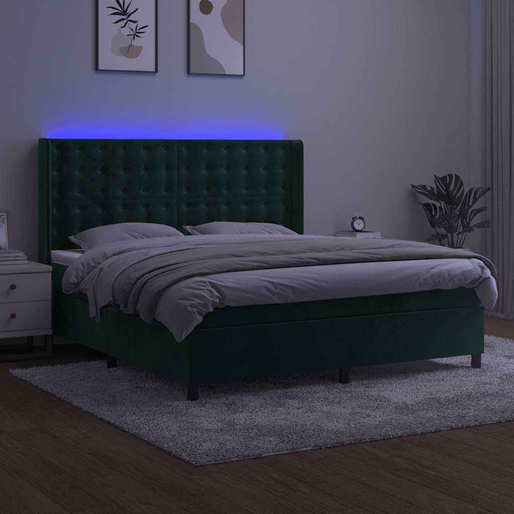 Letto a Molle con Materasso e LED Verde Scuro 160x200cm Velluto | homemem39