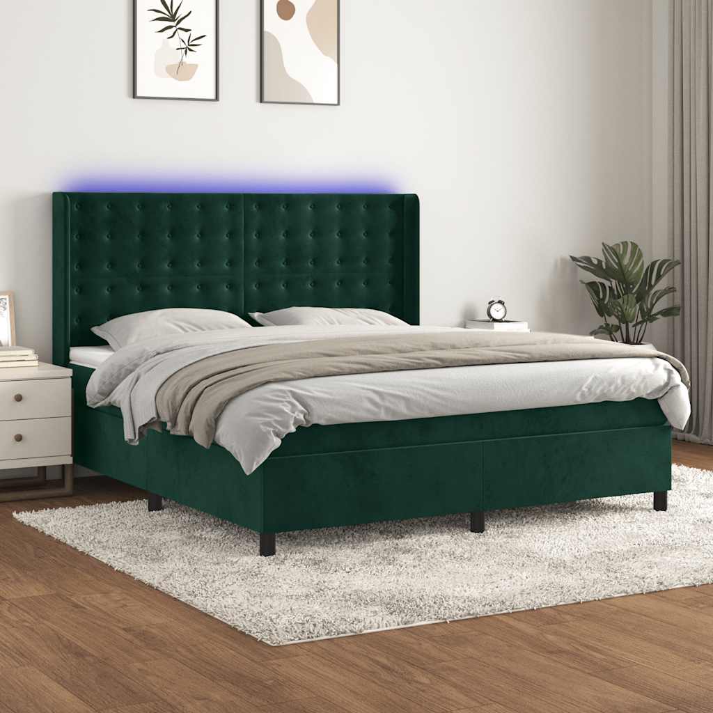 Letto a Molle con Materasso e LED Verde Scuro 160x200cm Velluto