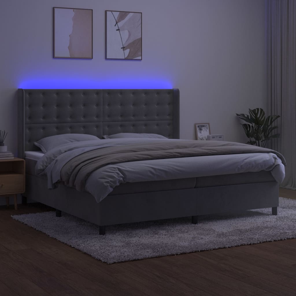 Letto a Molle Materasso e LED Grigio Chiaro 200x200 cm Velluto | homemem39