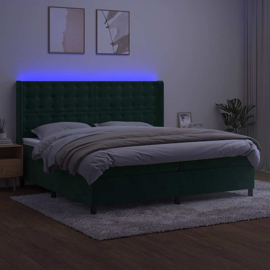 Letto a Molle con Materasso e LED Verde Scuro 200x200cm Velluto | homemem39