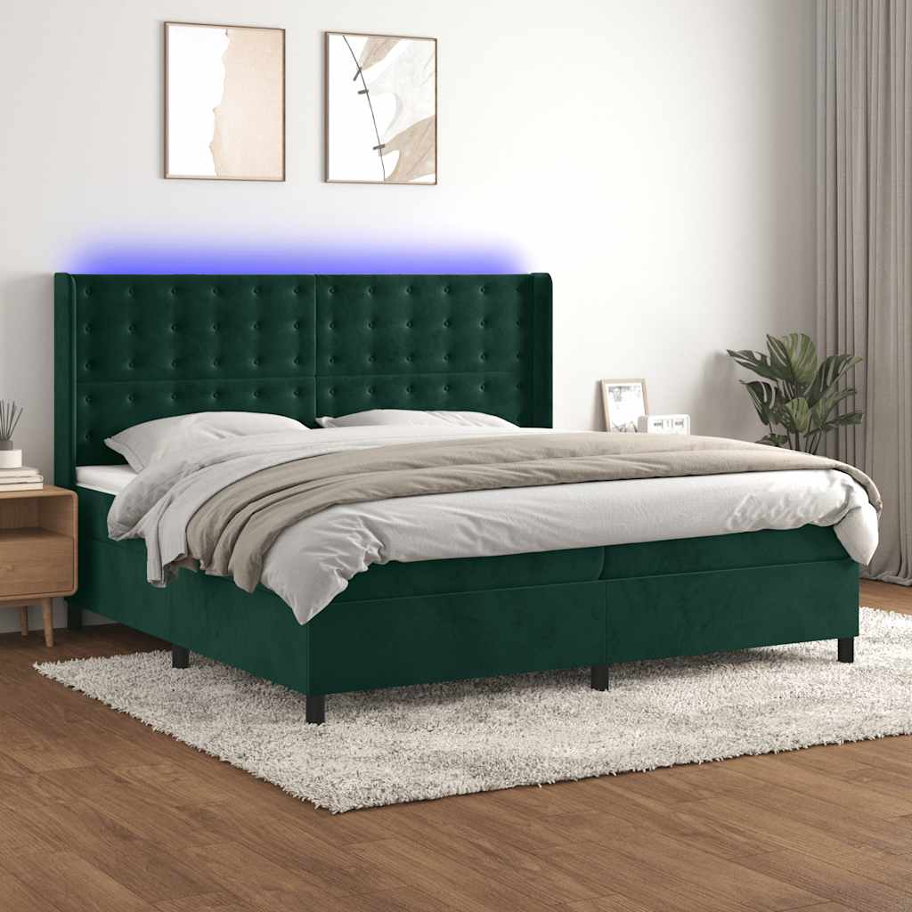 Letto a Molle con Materasso e LED Verde Scuro 200x200cm Velluto | homemem39
