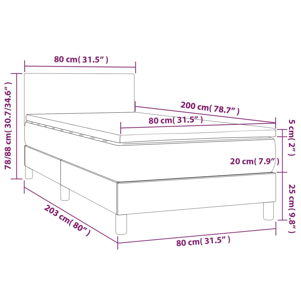 Letto a Molle Materasso e LED Marrone Scuro 80x200cm in Tessuto