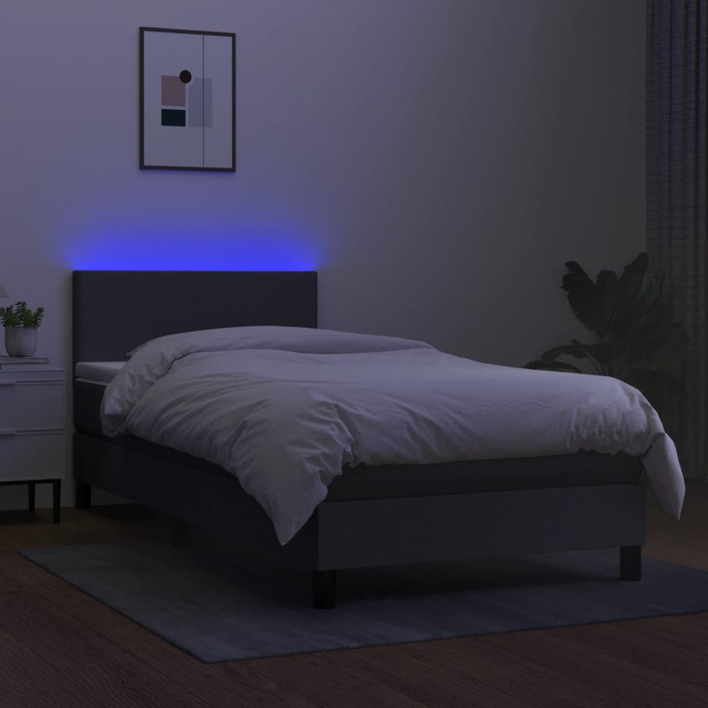 Letto a Molle Materasso e LED Grigio Scuro 90x200 cm in Tessuto