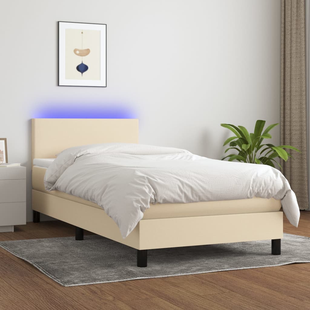 Letto a Molle con Materasso e LED Crema 90x200 cm in Tessuto