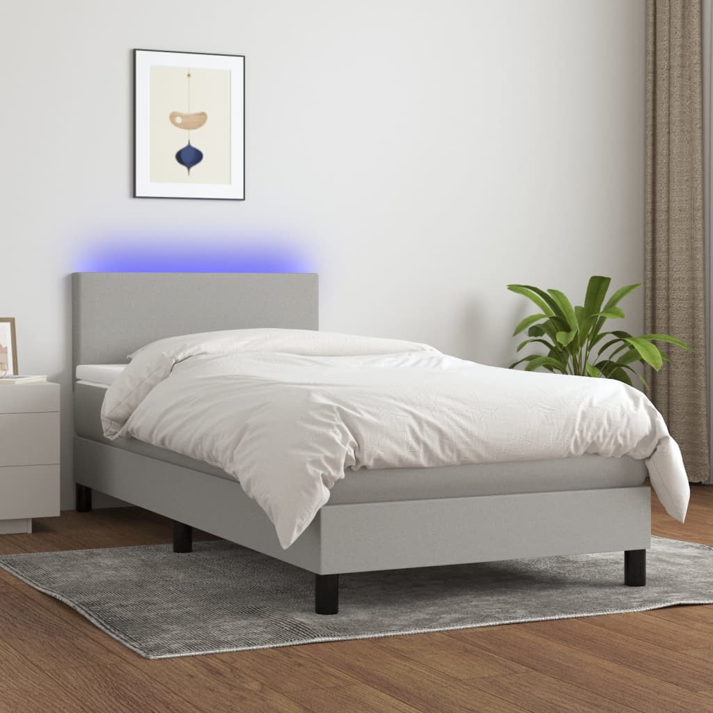 Letto a Molle Materasso e LED Grigio Chiaro 100x200 cm Tessuto - homemem39