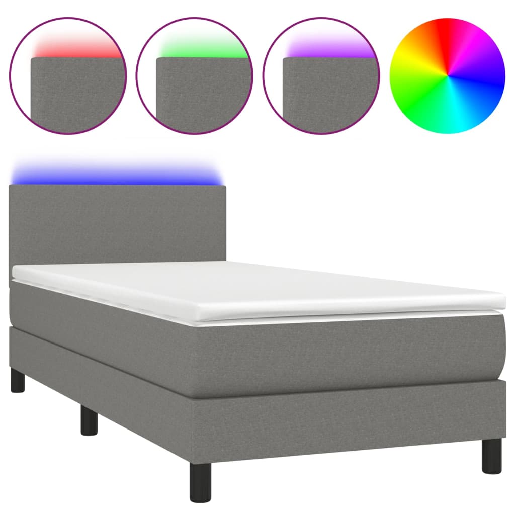 Letto a Molle Materasso e LED Grigio Scuro 100x200cm in Tessuto - homemem39