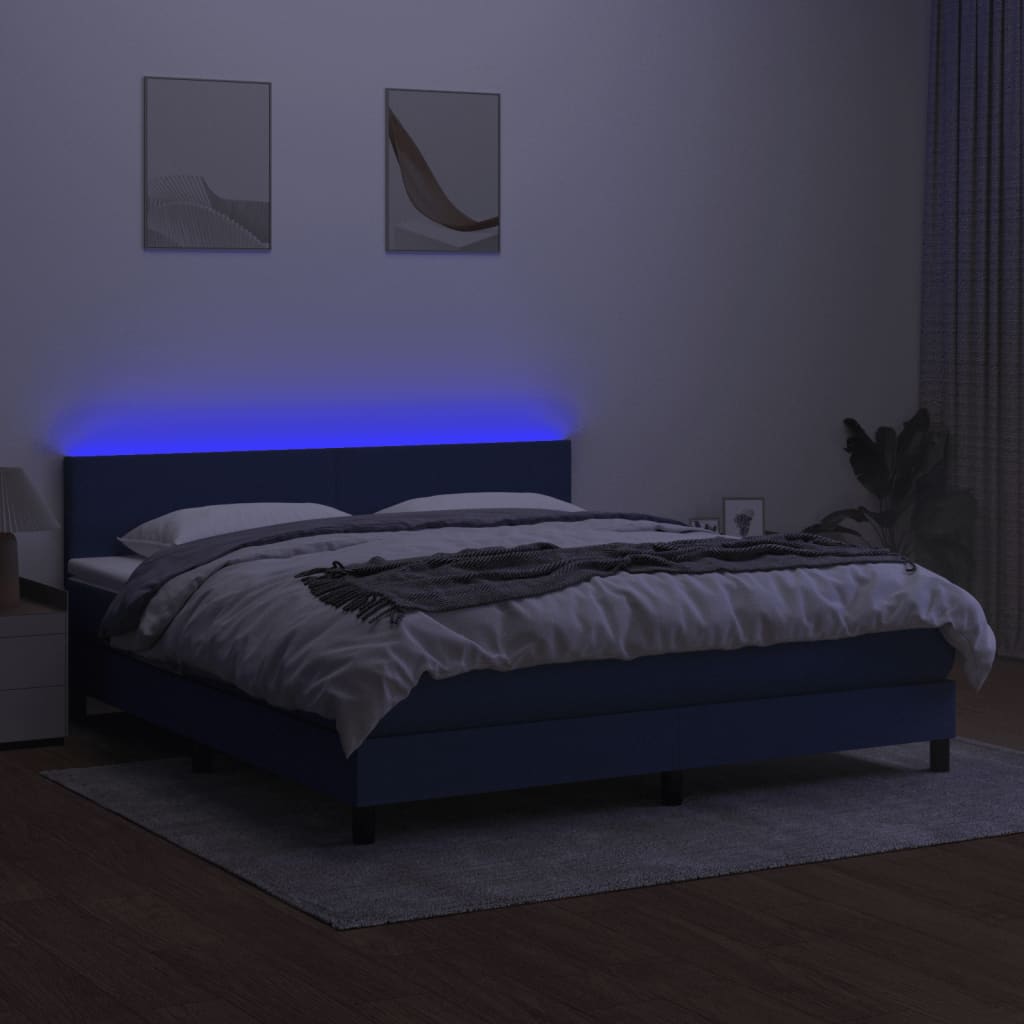 Letto a Molle con Materasso e LED Blu 160x200 cm in Tessuto