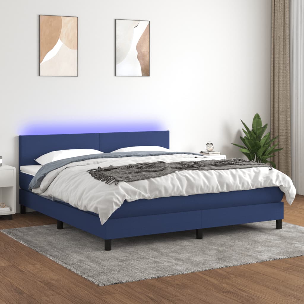 Letto a Molle con Materasso e LED Blu 160x200 cm in Tessuto