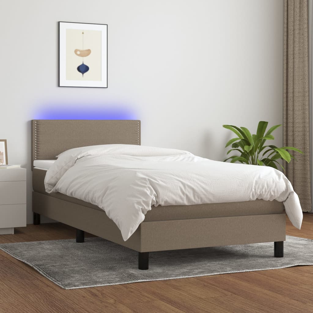 Letto a Molle con Materasso e LED Tortora 100x200cm in Tessuto - homemem39