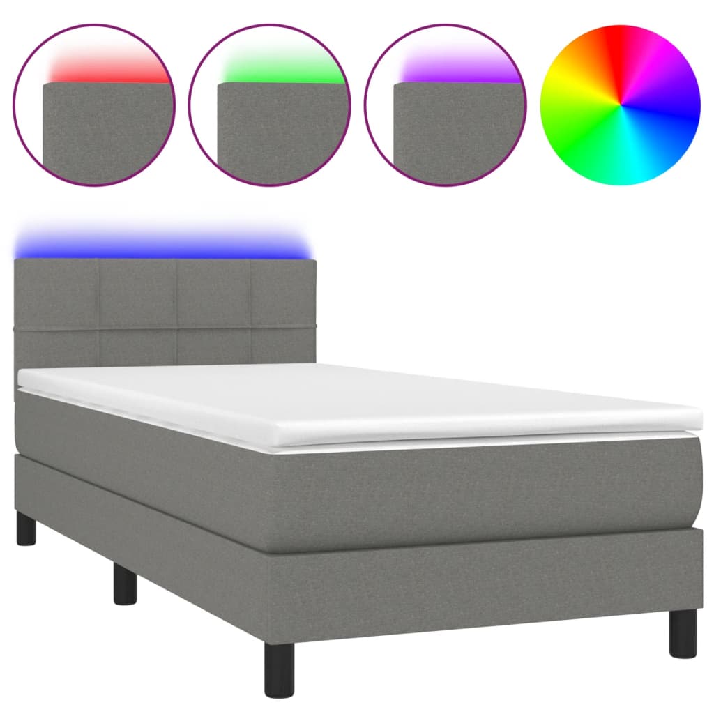 Letto a Molle Materasso e LED Grigio Scuro 100x200cm in Tessuto - homemem39