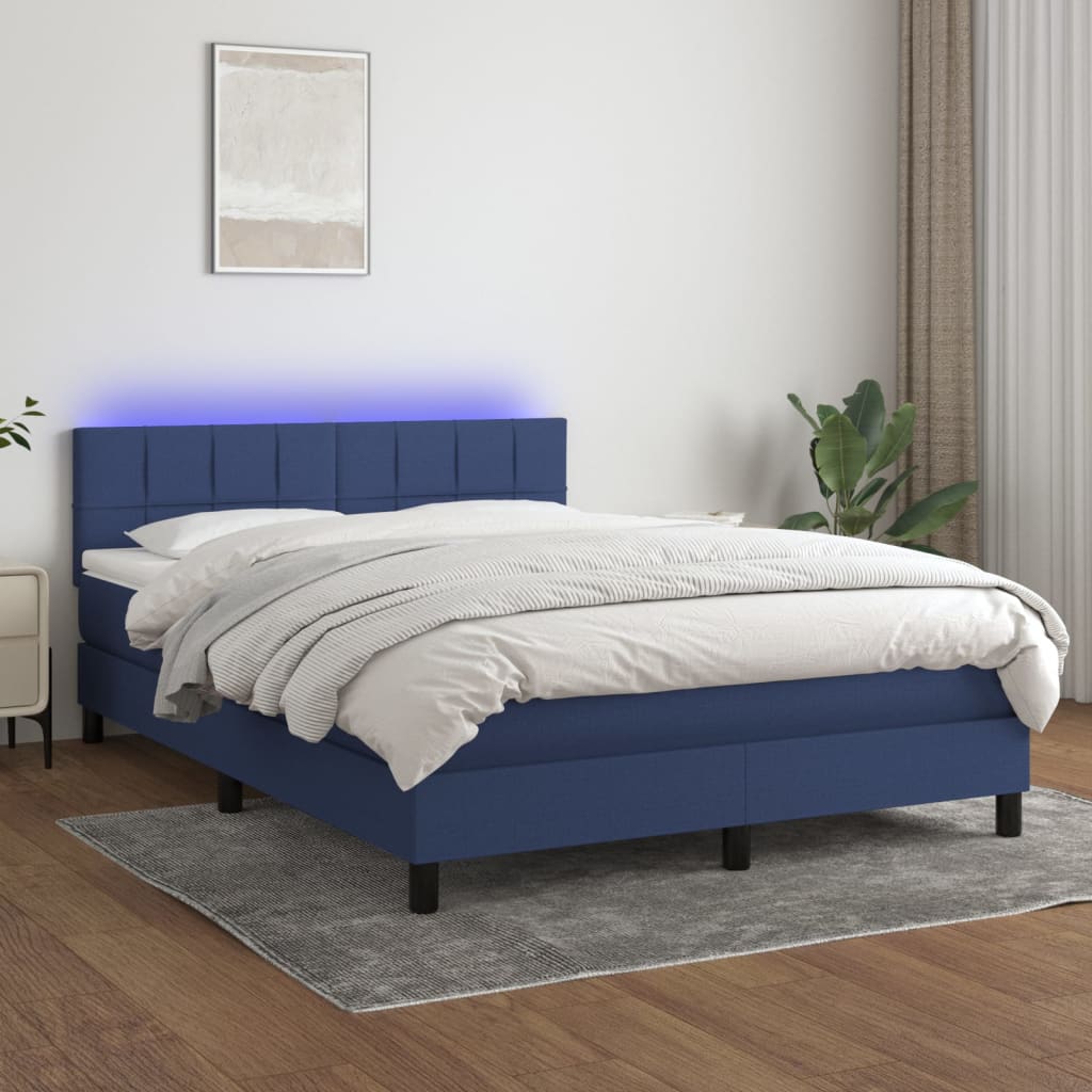 Letto a Molle con Materasso e LED Blu 140x190 cm in Tessuto