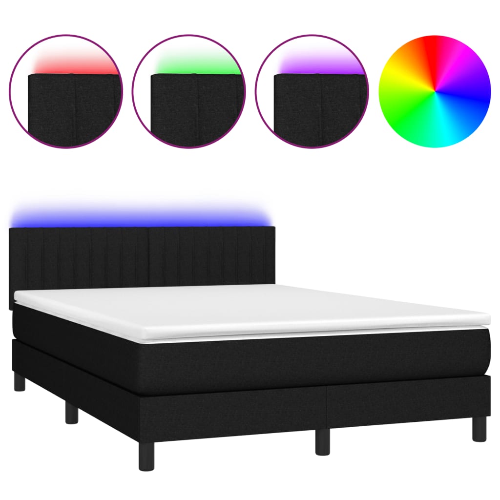 Letto a Molle con Materasso e LED Nero 140x200 cm in Tessuto - homemem39