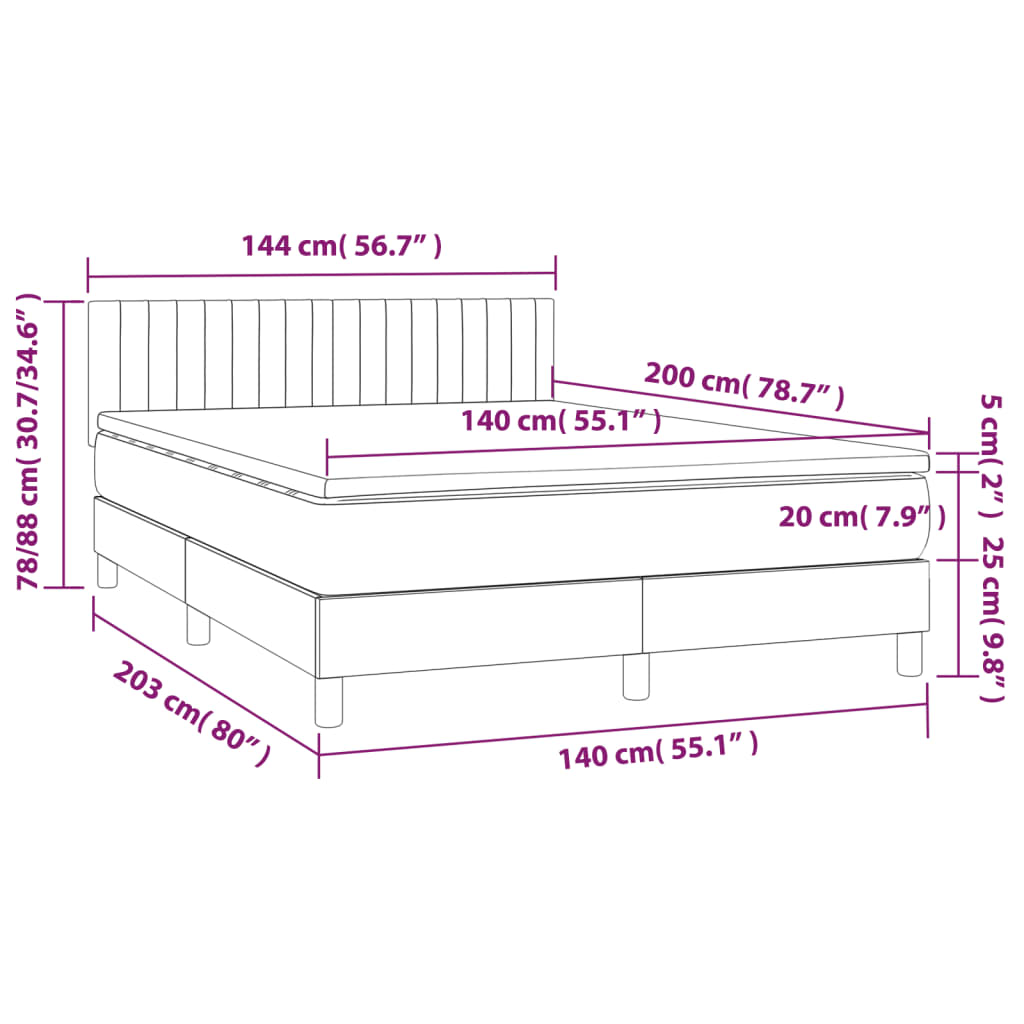 Letto a Molle con Materasso e LED Tortora 140x200 cm in Tessuto - homemem39