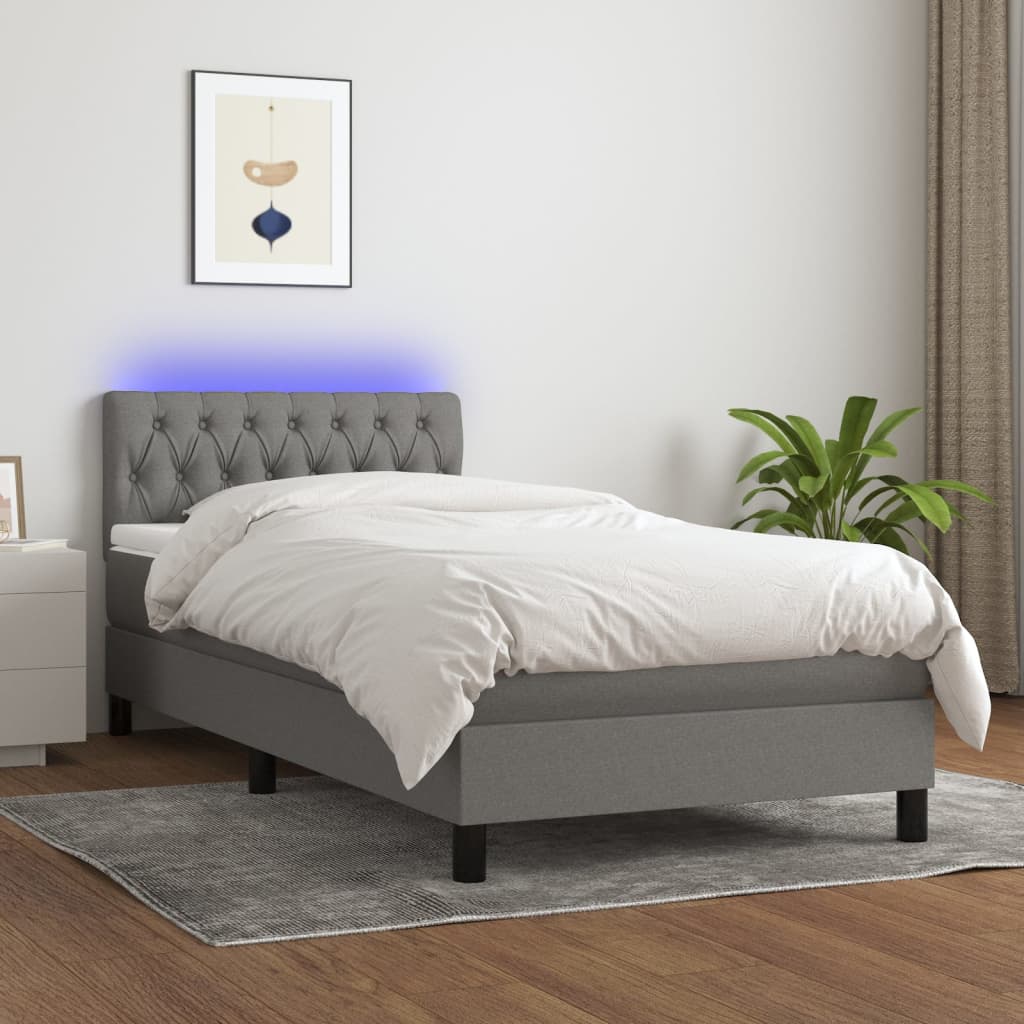 Letto a Molle Materasso e LED Grigio Scuro 90x200 cm in Tessuto - homemem39