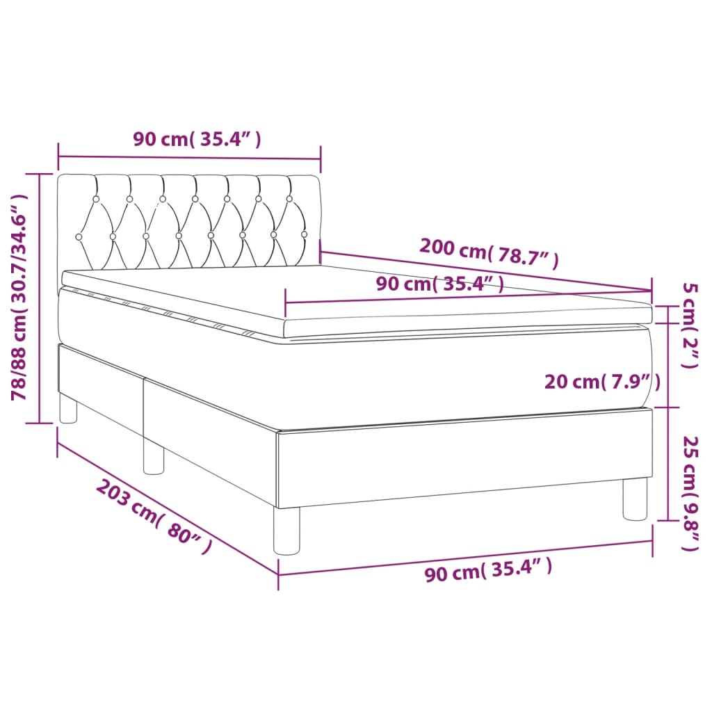 Letto a Molle con Materasso e LED Tortora 90x200 cm in Tessuto - homemem39