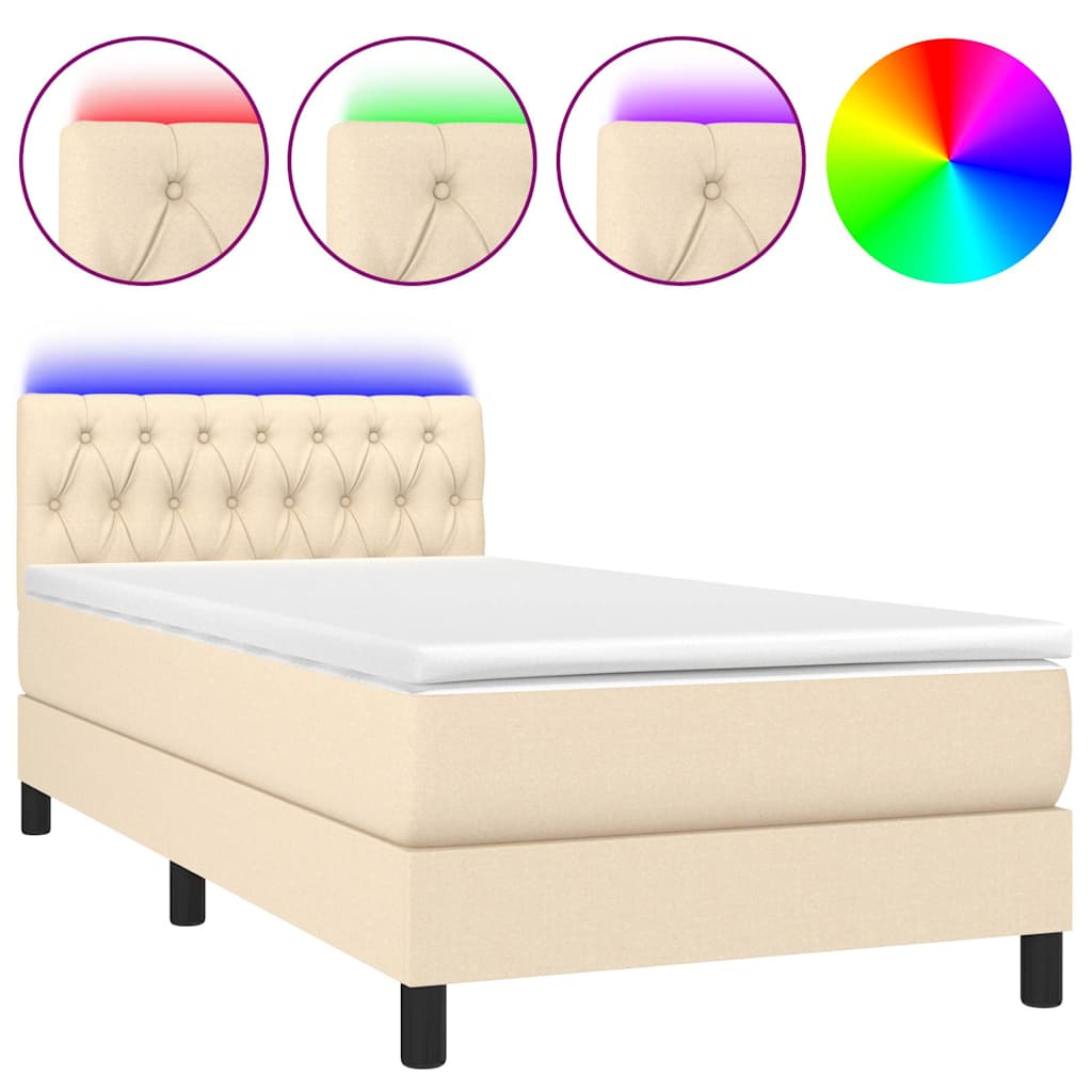 Letto a Molle con Materasso e LED Crema 90x200 cm in Tessuto
