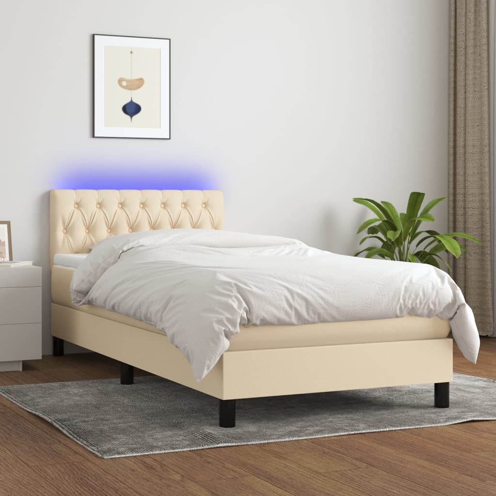 Letto a Molle con Materasso e LED Crema 90x200 cm in Tessuto