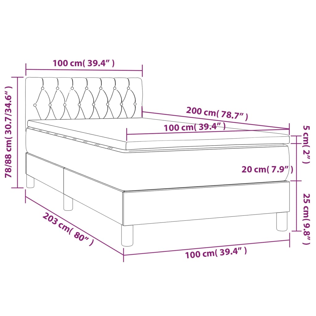 Letto a Molle Materasso e LED Grigio Scuro 100x200cm in Tessuto