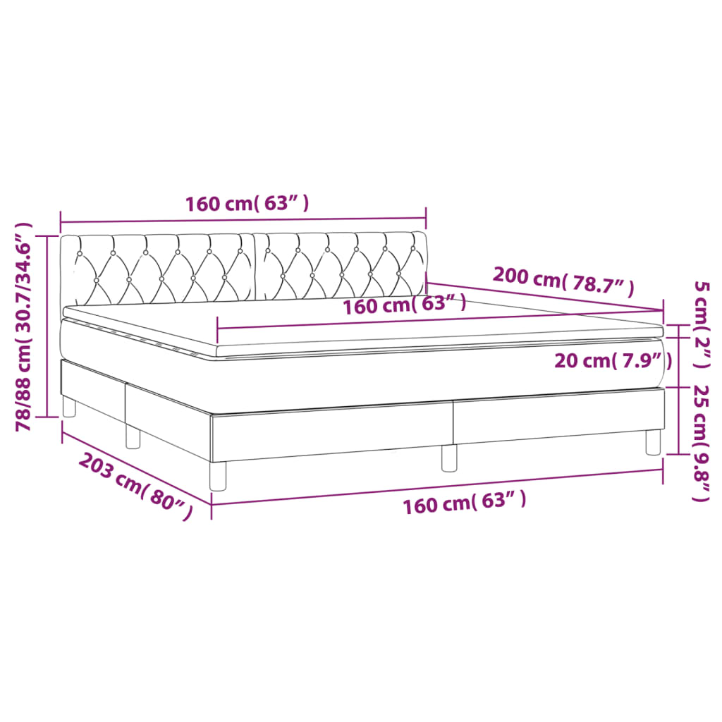 Letto a Molle con Materasso e LED Tortora 160x200 cm in Tessuto - homemem39