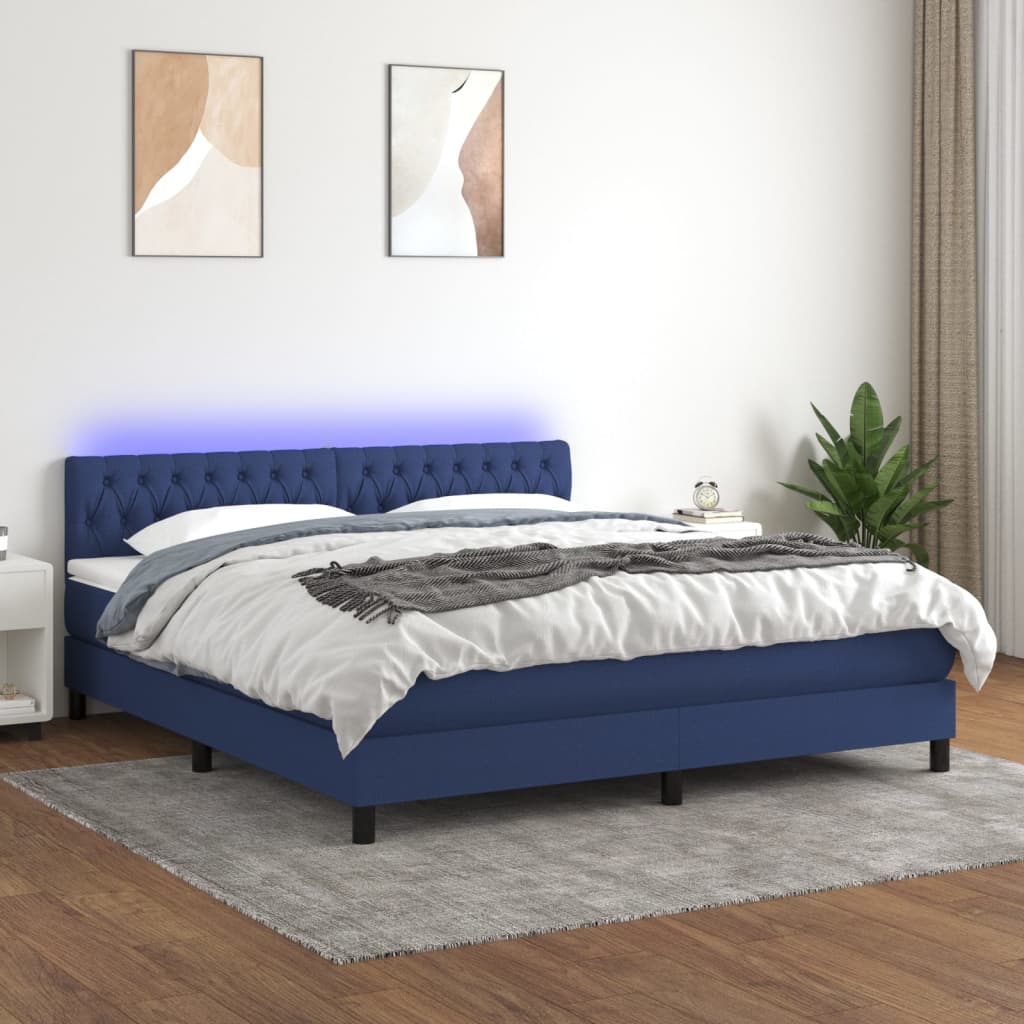 Letto a Molle con Materasso e LED Blu 160x200 cm in Tessuto - homemem39