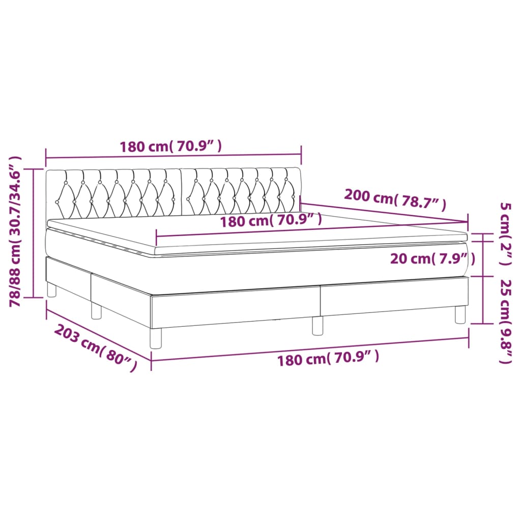 Letto a Molle con Materasso e LED Tortora 180x200 cm in Tessuto