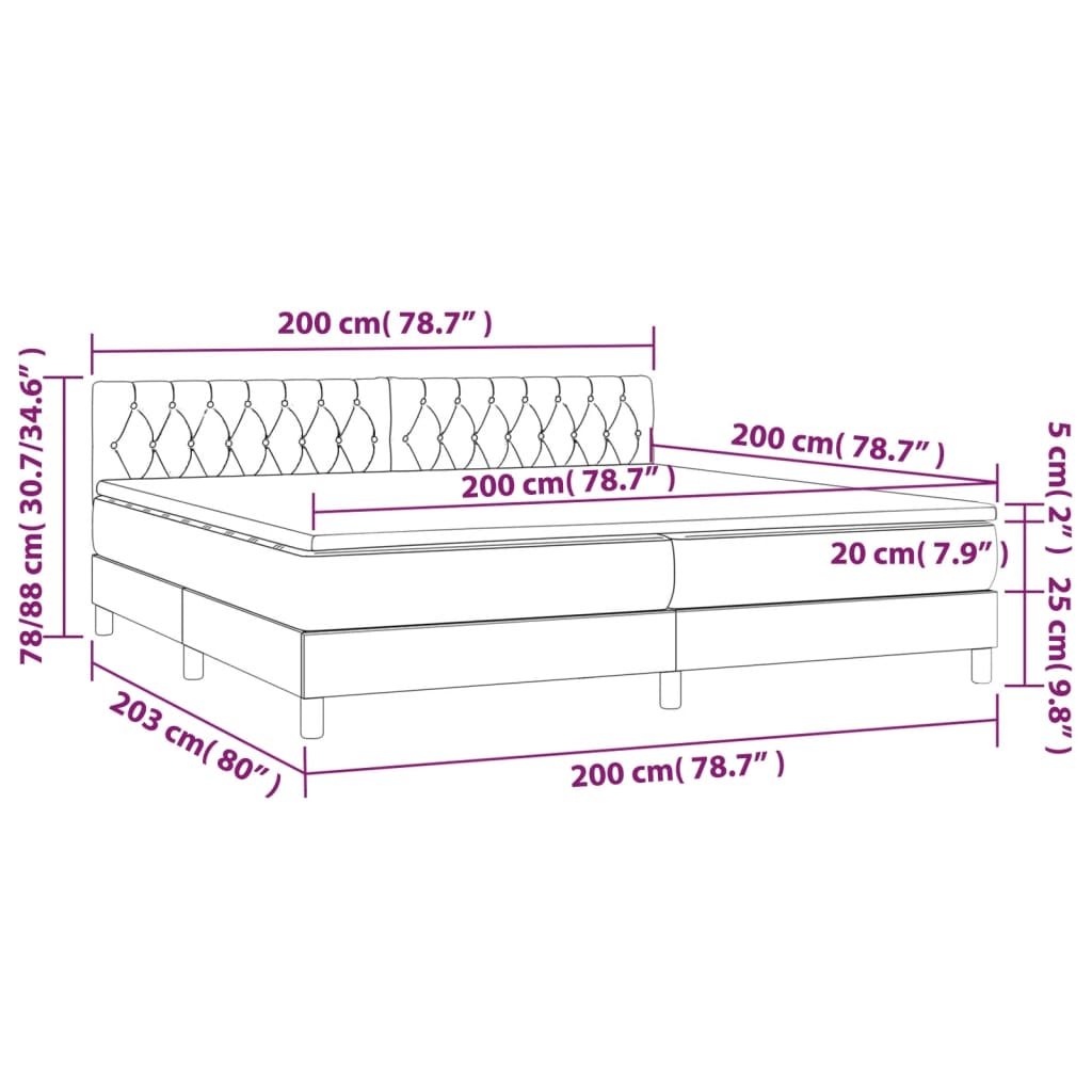 Letto a Molle Materasso e LED bianco 200x200cm in Tessuto