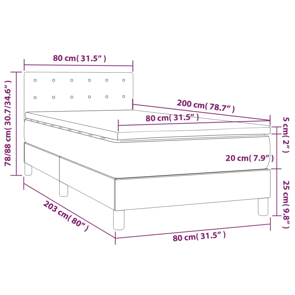 Letto a Molle con Materasso e LED Tortora 80x200 cm in Tessuto - homemem39