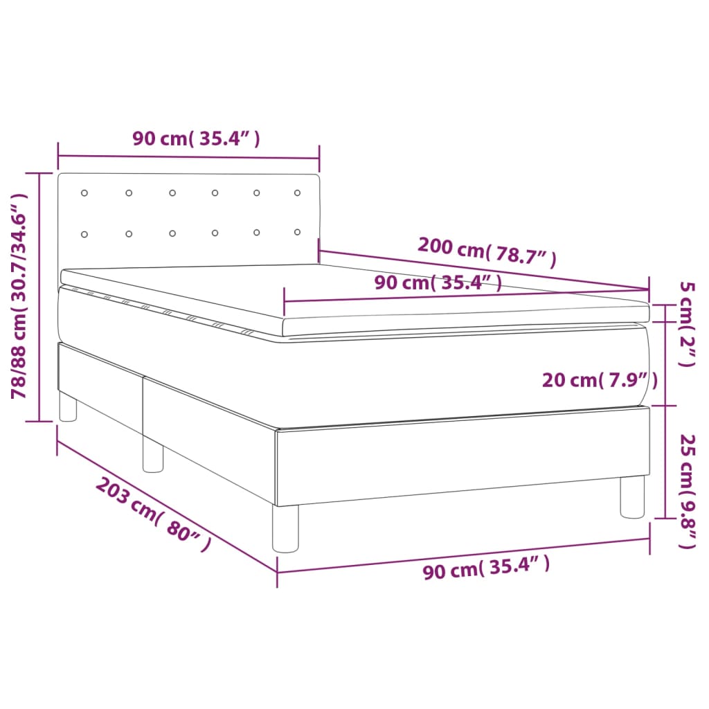 Letto a Molle con Materasso e LED Tortora 90x200 cm in Tessuto