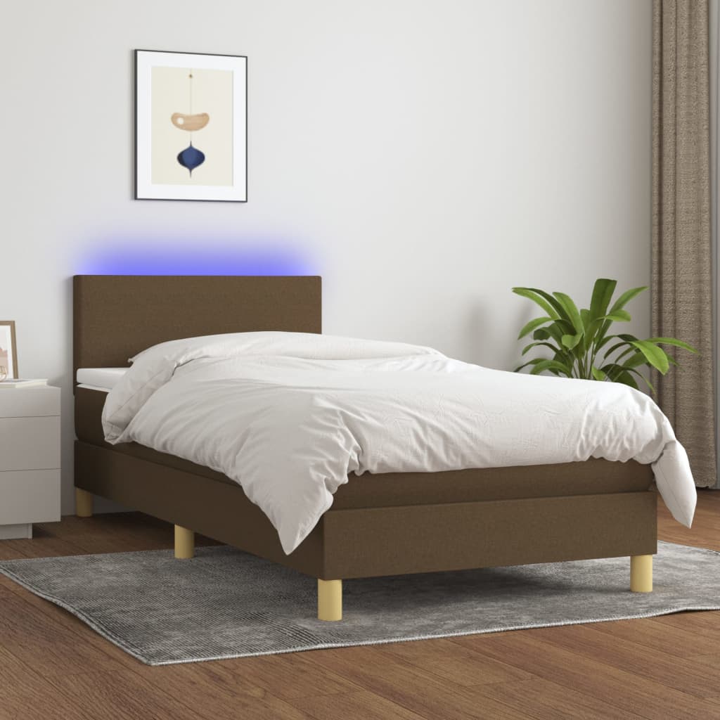 Letto a Molle Materasso e LED Marrone Scuro 100x200 cm Tessuto - homemem39